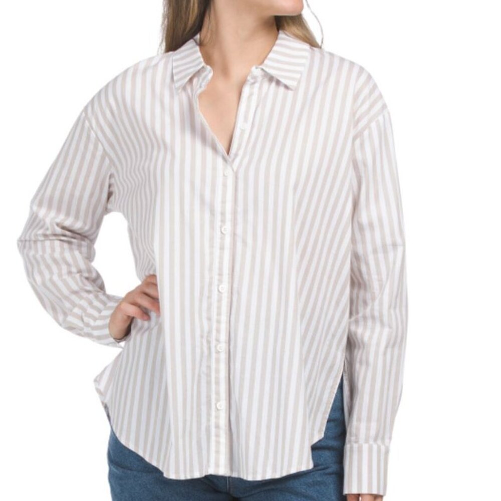 NWT SPLENDID Women's Avril Button Down Striped Top Beige-White Size XS